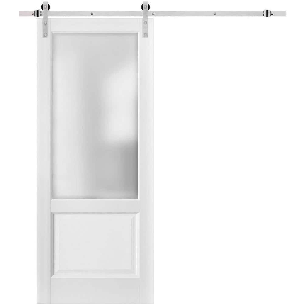 Assembly Required 28 in. x 84 in. 1 Lite Frosted Glass White Finished Pine Wood Sliding Barn Door with Hardware Kit price history on PriceWatchPro