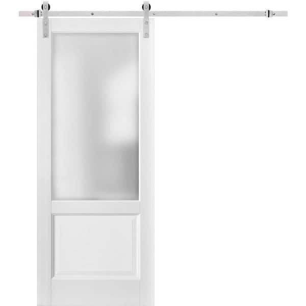 1422 36 in. x 96 in. 1 Lite Frosted Glass White Finished Pine Wood Sliding Barn Door with Hardware Kit