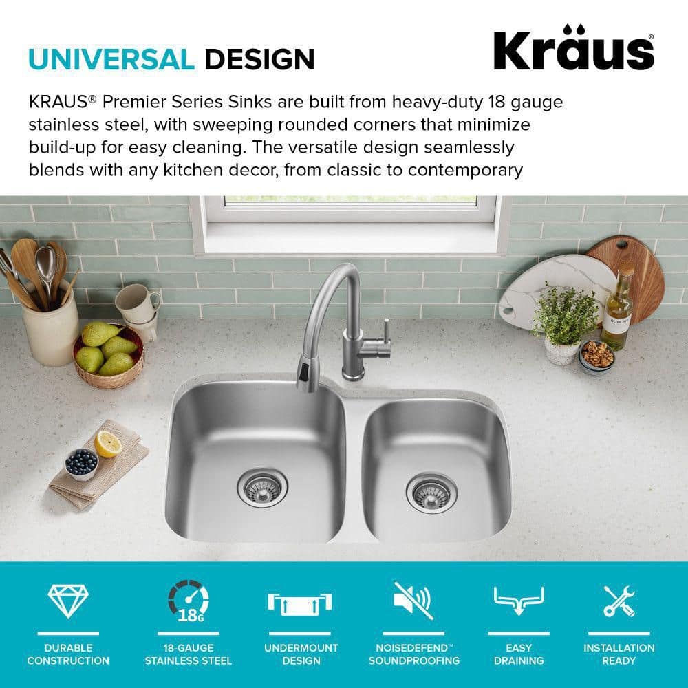 Premier 32-inch Satin Stainless Steel Double Bowl Undermount Sink
