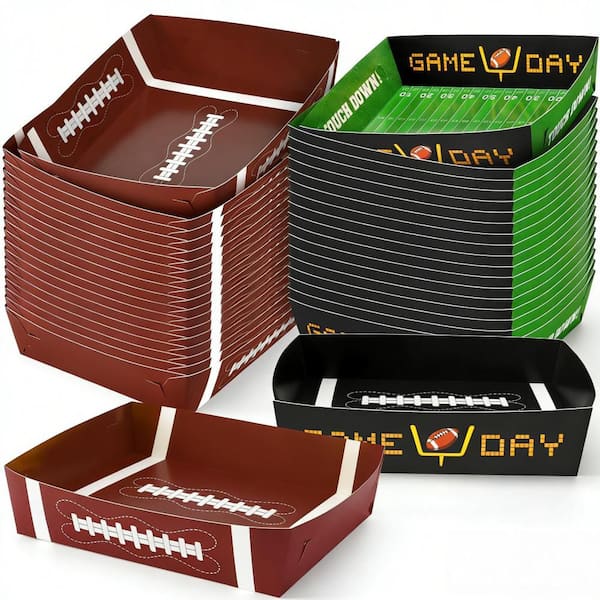 Football Snack Tray Disposable Paper Bowls Service Dinnerware Sets for Sport Game, Brown and Green (36-Pack)