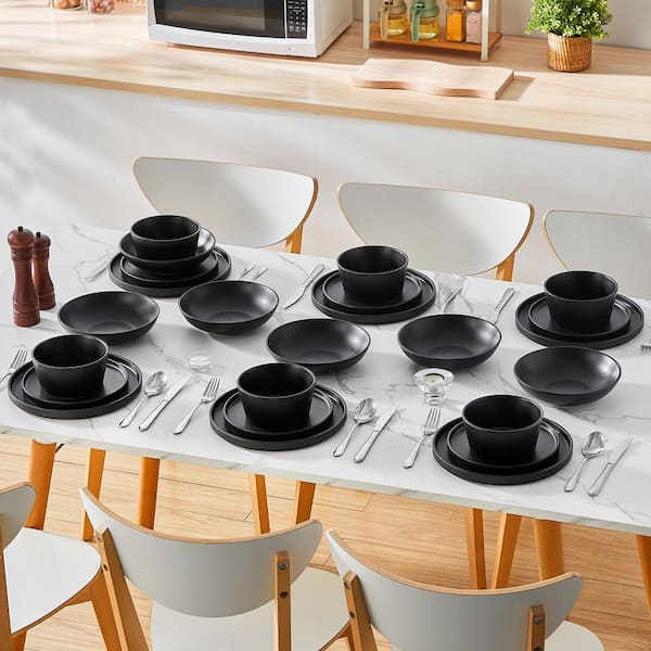 vancasso 24-Piece Matte Black Stoneware Dinnerware Set Service for