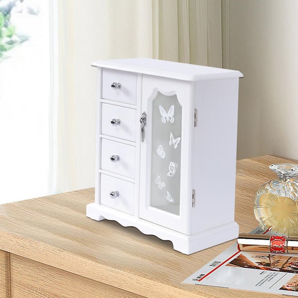 YIYIBYUS White MDF Jewelry Box with 4-Drawers Organizer and Built