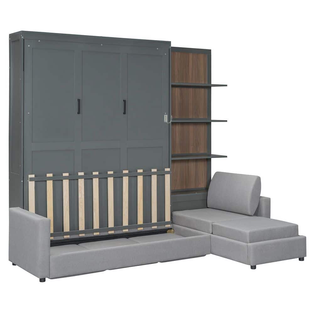 Gray Wood Frame Queen Size Murphy Bed Wall Bed with Sofa and Shelves - thumbnail 10