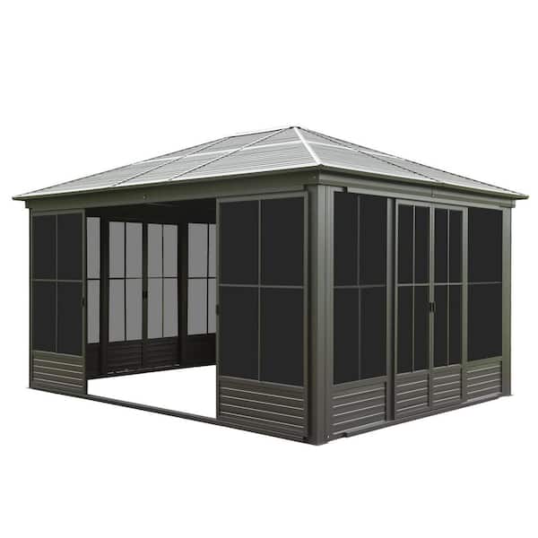 Giwi 14 ft. x 12 ft. Galvanized Steel Hardtop Enclose Gazebo Sloping Roof, Aluminum Solarium Screen House, Lockable Door