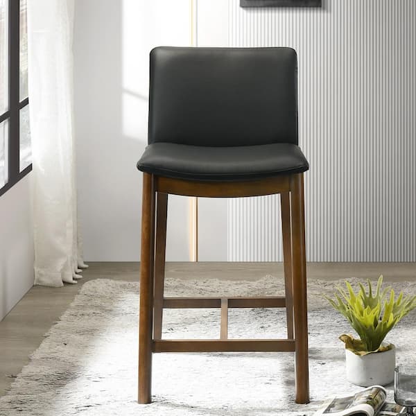 Ashcroft Furniture Co Shepherd 25.2 in. Black High Back Solid Wood Counter Stool with Vegan Leather Seat
