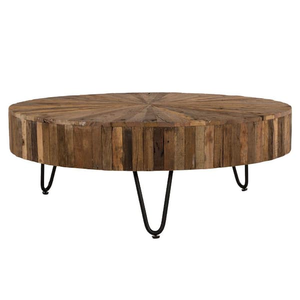 Benjara 42 in. Brown and Black Round Wood Top Coffee Table