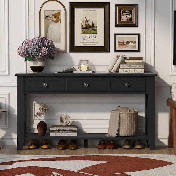 Black 55.4 in. Rectangle Vintage Wood Entryway Console Table with 3 Drawers, Solid Poplar Legs, Metal Handles