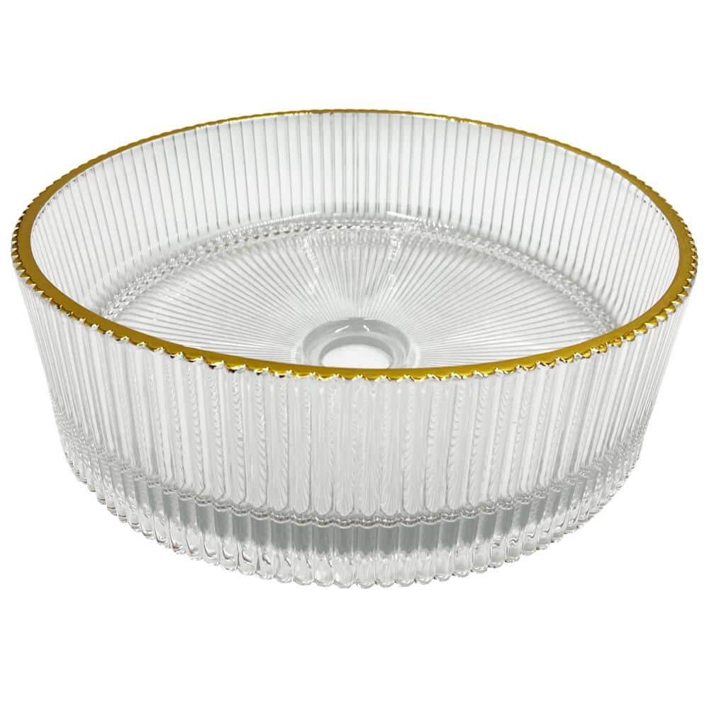 14'' Clear Ribbed Glass Vessel Sink with Gold Rim