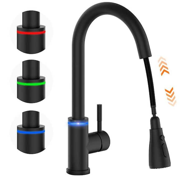 BWE LED Single-Handle Pull-Down Sprayer 3 Spray High Arc Kitchen Faucet in Matte Black