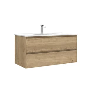 Perla 40 in. W x 18.1 in. D x 19.5 in. H Single Sink Wall Mounted Bath Vanity in Natural Oak with White Ceramic Top