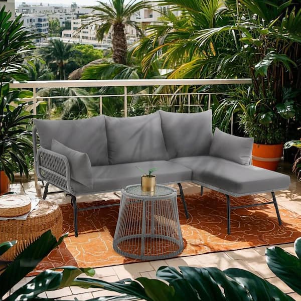 Bezseller 3-Piece Wicker Patio Conversation Set with Gray Cushions, Rattan Furniture Set with Gray Table