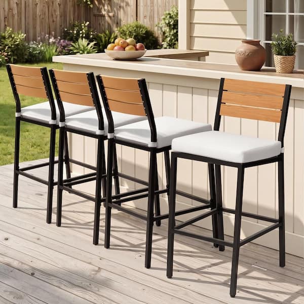 Metal Outdoor Bar Stool with Ergonomic Backrest Footrest and Removable White Cushions for Patio (4-Pack)