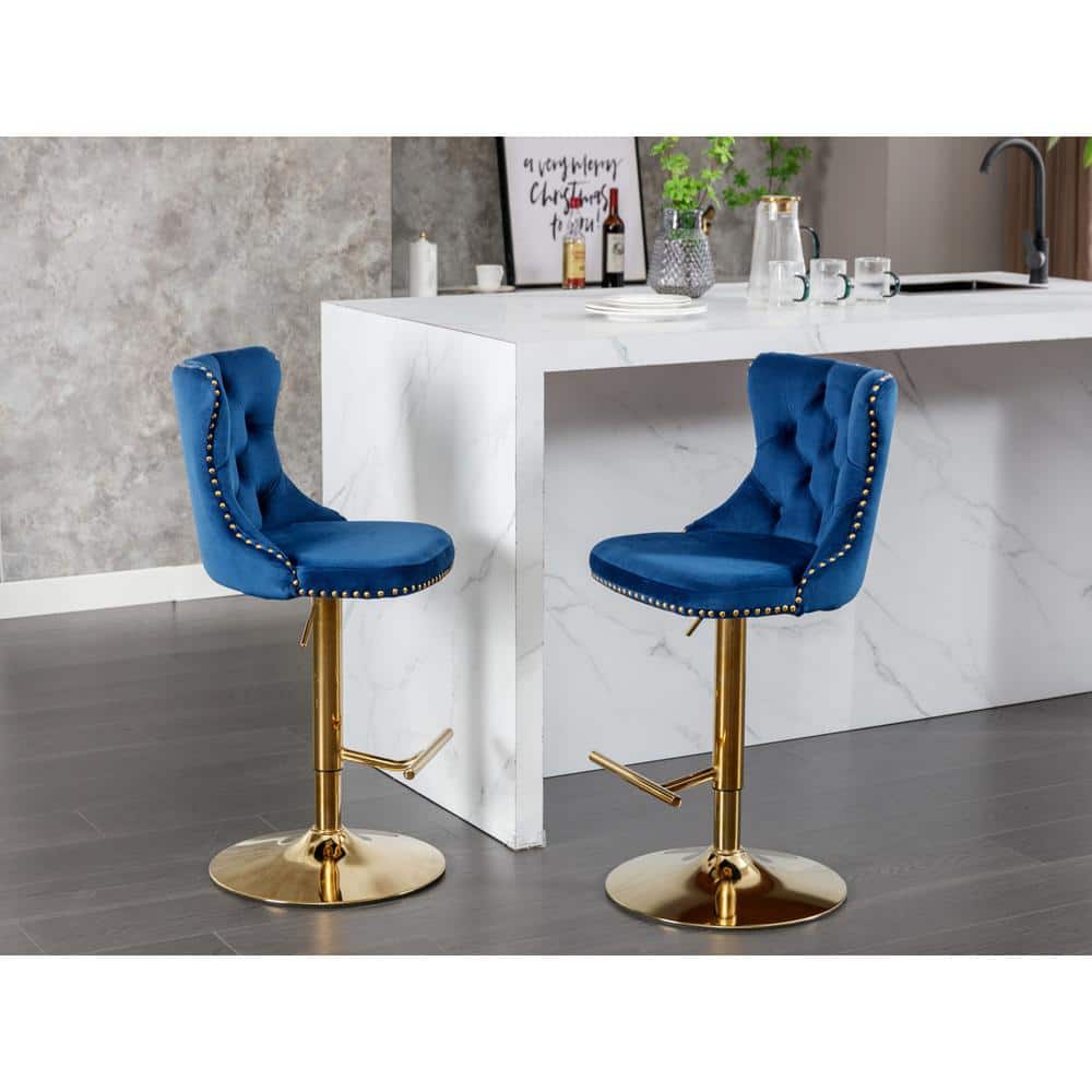 33 in. Blue High Back Metal Barstools with Swivel Velvet Adjustable Seat He