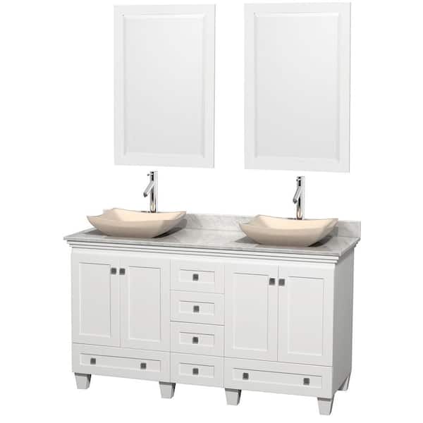 Wyndham Collection Acclaim 60 in. W Double Vanity in White with Marble Vanity Top in Carrara White, Ivory Sinks and 2 Mirrors