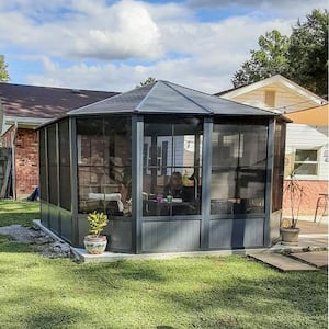 13 ft. x 13 ft. Gray Outdoor Octagonal Solarium, Screen House with Lockable Sliding Door & Moveable PC Screen