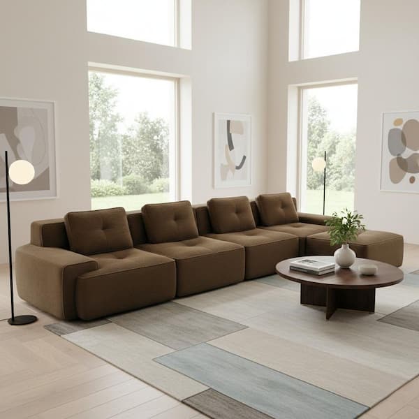 TITK 152.8 in. Track Arm 4-Piece Corduroy Modular Sectional Sofa with 1 Ottoman and Tufted Design in. Espresso Brown