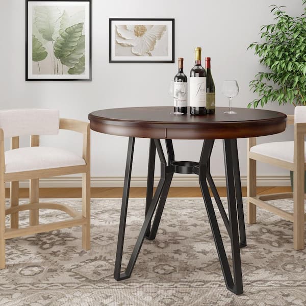 Noble House Kirs 46.85 in. Dia Modern Round Bar Table, Wood Top, Metal Base, Walnut Brown Plus Black
