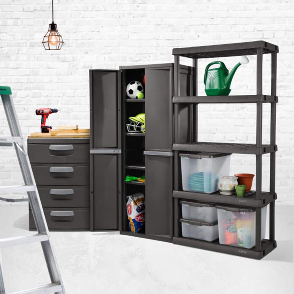 Gray Lockable Plastic Storage Cabinet with Adjustable Shelves