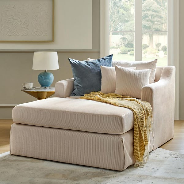 Massima Beige Polyester Slipcovered Chaise Lounge with 3-Pillows