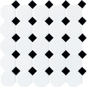 Octagon and Dot Matte White with Black Dot 4 in. x 4 in. Glazed Ceramic Mosaic Tile Sample