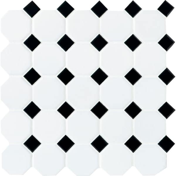 Daltile Octagon and Dot Matte White with Black Dot 4 in. x 4 in. Glazed Ceramic Mosaic Tile Sample