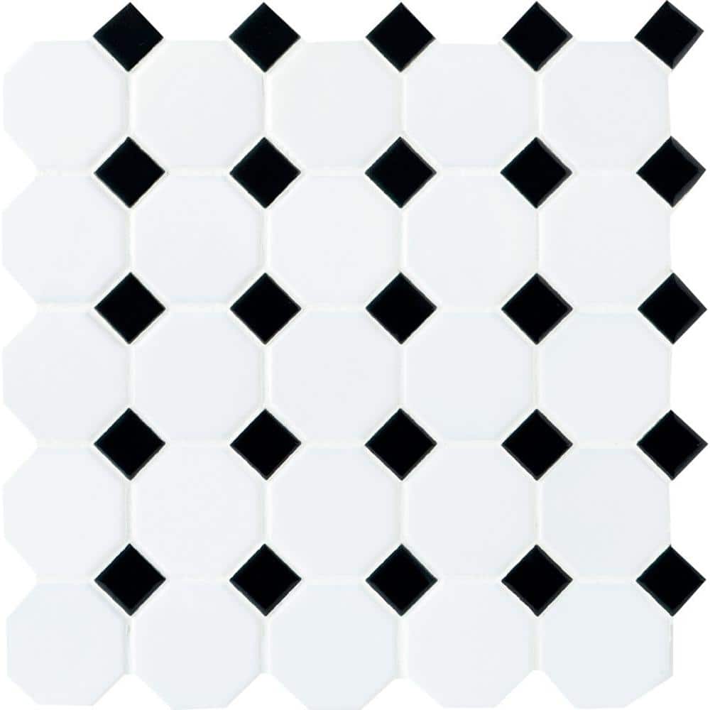 Daltile Octagon And Dot Matte White, White Black Tiles
