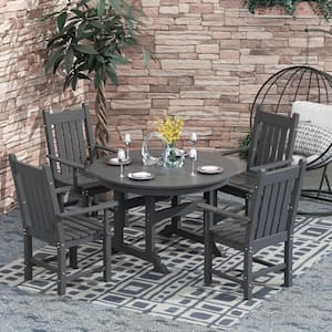 Hayes 5-Piece HDPE Plastic All Weather Outdoor Patio Round Trestle Table Dining Set with Arm Chairs in Gray