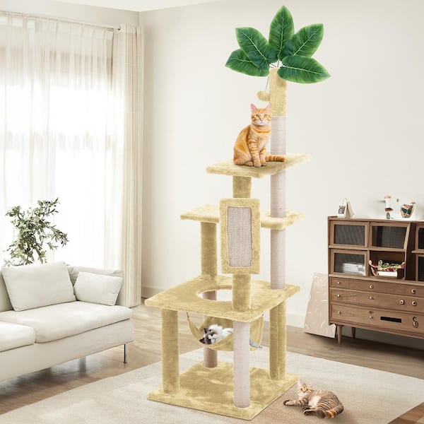 null Beige Modern Cat Tree Pet Tower with Scraching Ramp, Hanging Ball