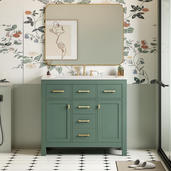 Ximuprmy 36 in. Freestanding Green Wood Bath Vanity with White