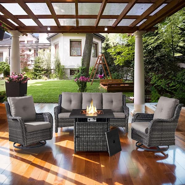 moosprr 4-Piece Gray Wicker Fire Pit Conversation Set with Olefin Gray Cushions and Curved Arm Swivel Glider Chairs