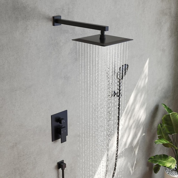 Farne 1-Handle Rain 4-Spray Square 10 in. Wall Mount Shower Faucet and Handheld Shower Head 2.5 GPM in Black, Anti-Scald