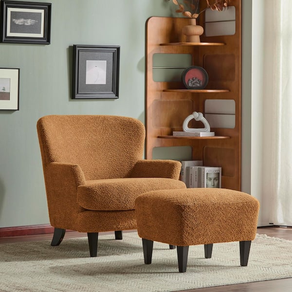Willey Modern Polyester Upholstered Accent Chair with Ottoman, Birch Legs, Caramel