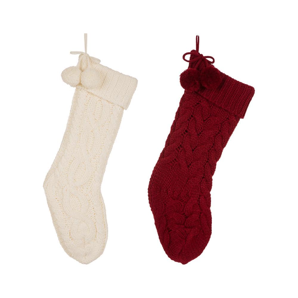 Set of 2 Knitted Polyester Christmas Stocking with Pom Pom Ball- Red ...