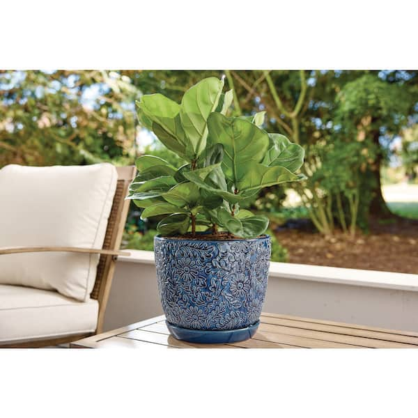 12 in. Lillian Blue Floral Decor Glazed Ceramic Planter (12 in. D x 10.2 in. H) with Drainage Hole and Attached Saucer