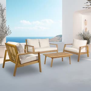 4-Piece Deep Seating Acacia Wood Outdoor Patio Conversation Furniture Set With Cushions