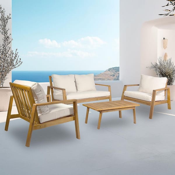 Kinger Home 4-Piece Deep Seating Acacia Wood Outdoor Patio Conversation Furniture Set With Cushions