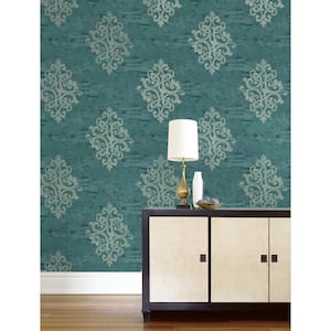 60.75 sq. ft. Aged Teal & Metallic Steel Eaton Damask Paper Unpasted Wallpaper Roll