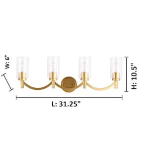 Devora 31.25 in. W x 10.5 in. H 4-Light Antique Gold Bathroom Vanity Light with Clear Glass Cylinder Shades