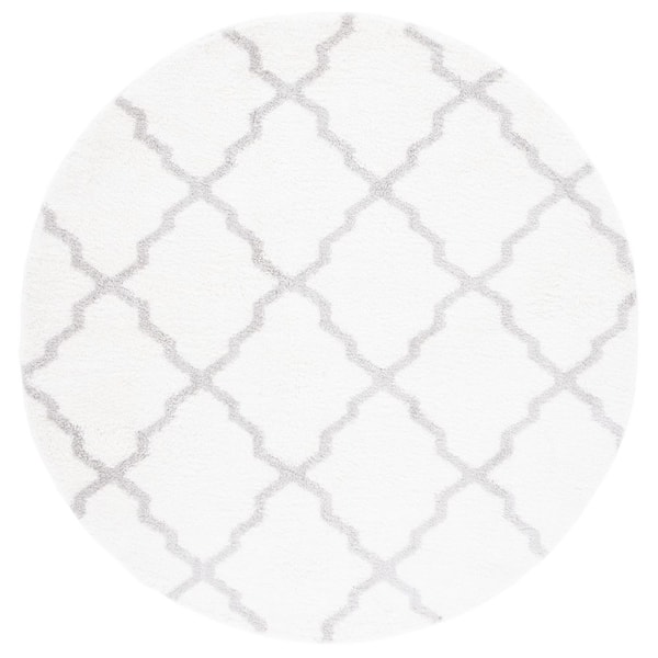 Berber Shag 7 ft. x 7 ft. Ivory/Light Gray Trellis Diamond Round Area Rug