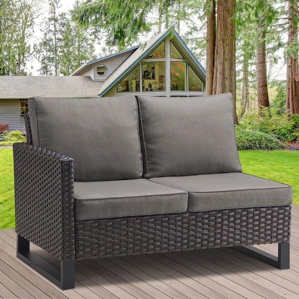 U-Weave Brown Wicker Right Arm 2-Seat Outdoor Sectional Sofa Patio Loveseat with Gray Cushion