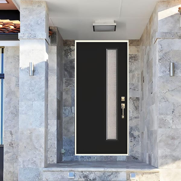 36 in. x 80 in. Left-Hand Inswing Narrow Lite Water Wave Glass Black Painted Fiberglass Prehung Front Door