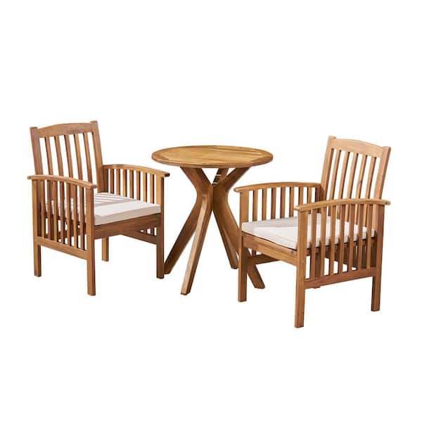 Casa 30 in. Teak Brown 3-Piece Wood Round Outdoor Patio Bistro Set with Cream Cushions