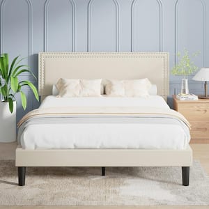 Upholstered Bed with Adjustable Headboard, No Box Spring Needed Platform Bed Frame, Bed Frame Beige Queen Bed