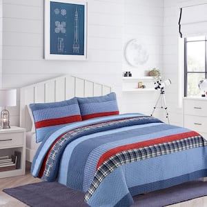 Patriotic Plaids Checker Stripe 3-Piece Red White Navy Blue Cotton Queen Quilt Bedding Set