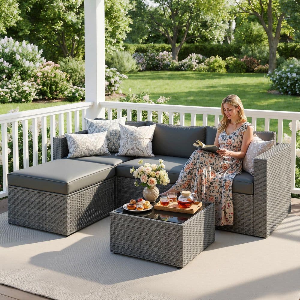 人文 #OUTDOOR 5-Piece Patio Furniture Set, All Weather Wicker Patio Conversation