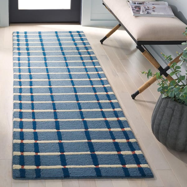 Genre 2 ft. x 8 ft. Blue/Ivory Geometric Striped Runner Rug