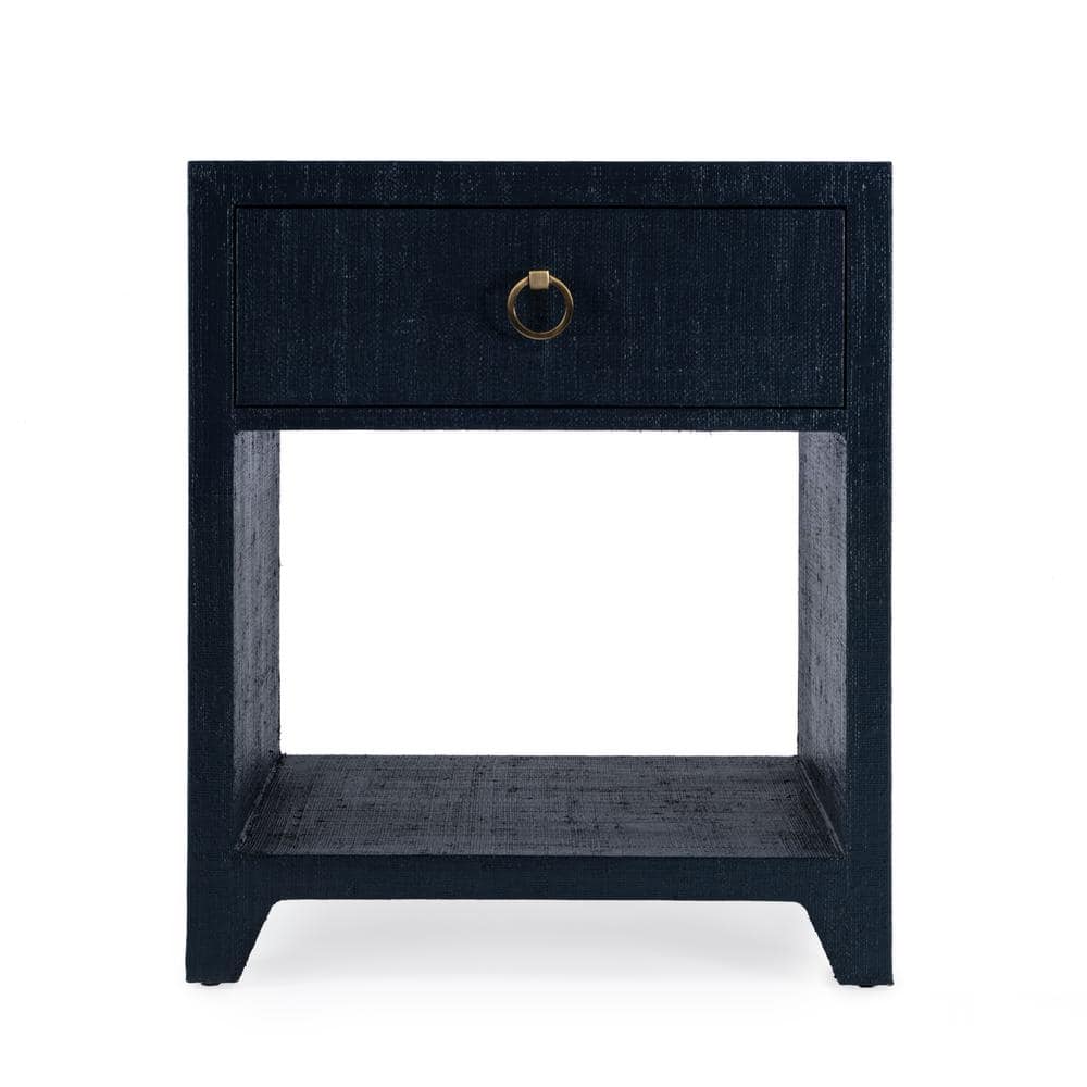Navy Blue Raffia 1-Drawer Nightstand with Brass Pull