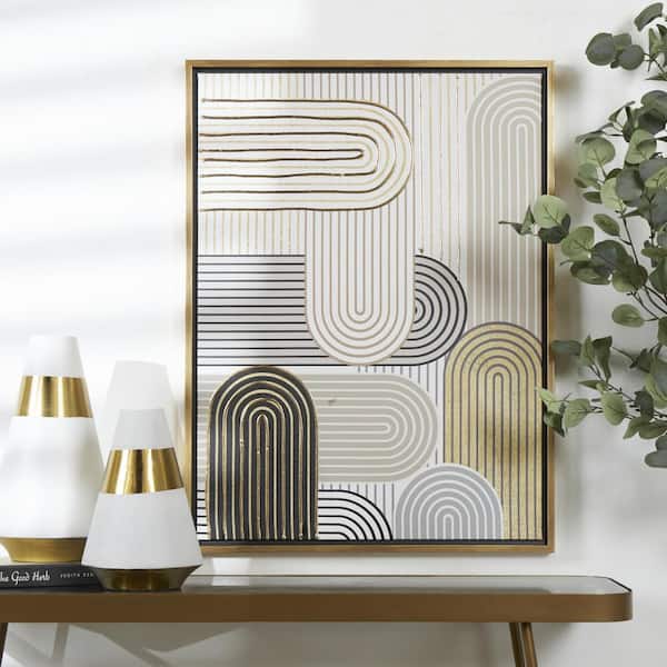 Litton Lane 1- Panel Abstract Art Deco Linear Arched Framed Wall Art with Gold Foil Accents 32 in. x 24 in.