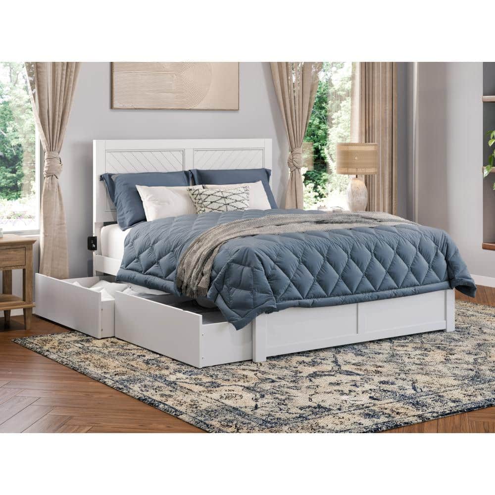 White Full Size Wood Platform Bed with Storage Drawers