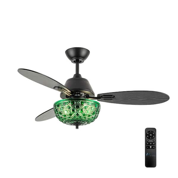 Pippa 42 in. 2-Light Indoor Black Ceiling Fan with Green Hand-Cut Glass Bowl Shade and Remote Control
